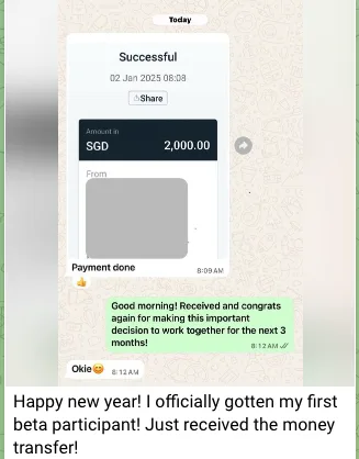 Client message sharing a first beta payment
