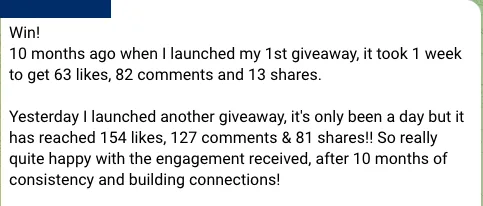 Client message about a giveaway's engagement