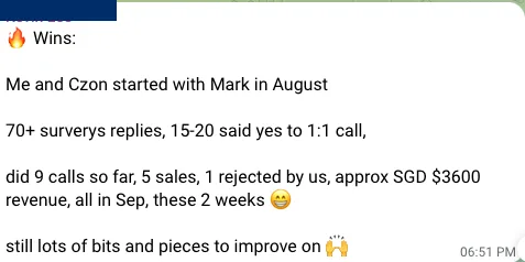 Client message about sales conversations and wins