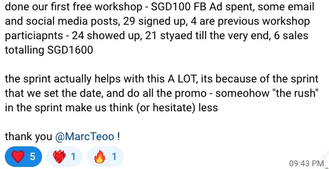 Client message about workshop promotion and sales