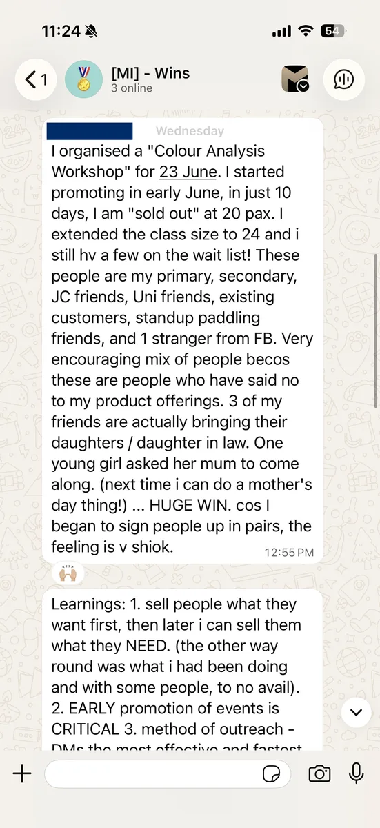 Client message reflecting on a sold-out workshop